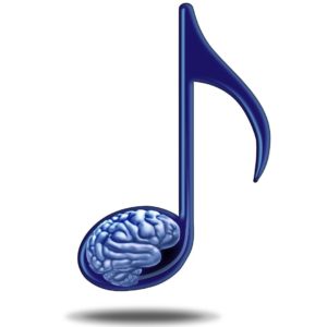 A blue illustrated musical note with a brain drawn into the larger part