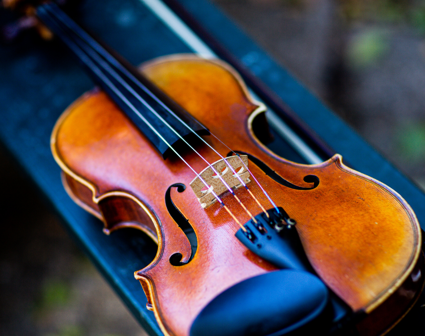 Up close color photo of a violin