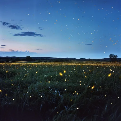 The deep blue evening sky is tinged pink along the horizon with the final light of a sun that has long since set. Fireflies hover above the deep green grasses of an open field.